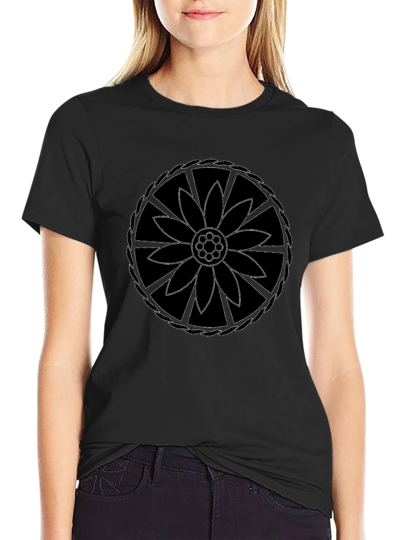 Black T-Shirt with Flower Mandala Design