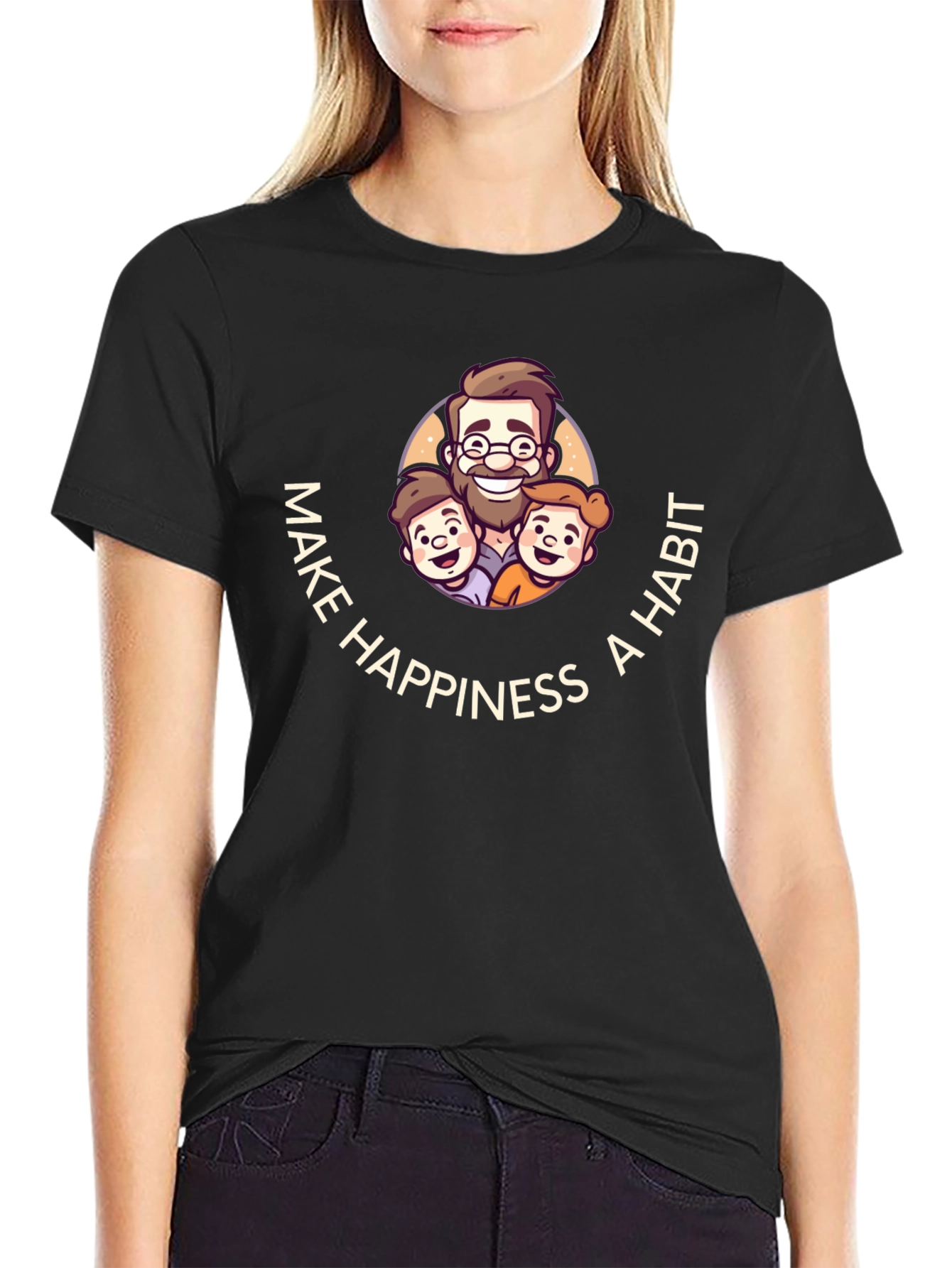 Make Happiness A Habit Black Graphic T-Shirt