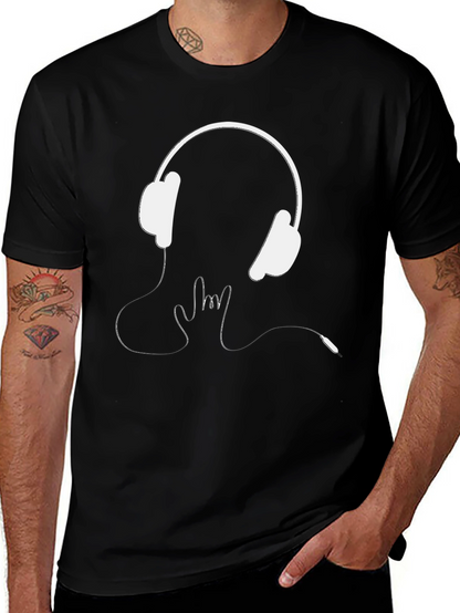 Headphones Rock On Graphic Tee - Black Cotton T-Shirt