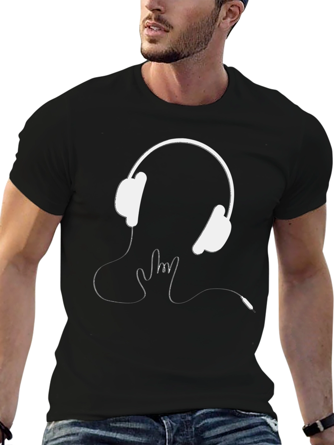 Headphones Rock On Graphic Tee - Black Cotton T-Shirt