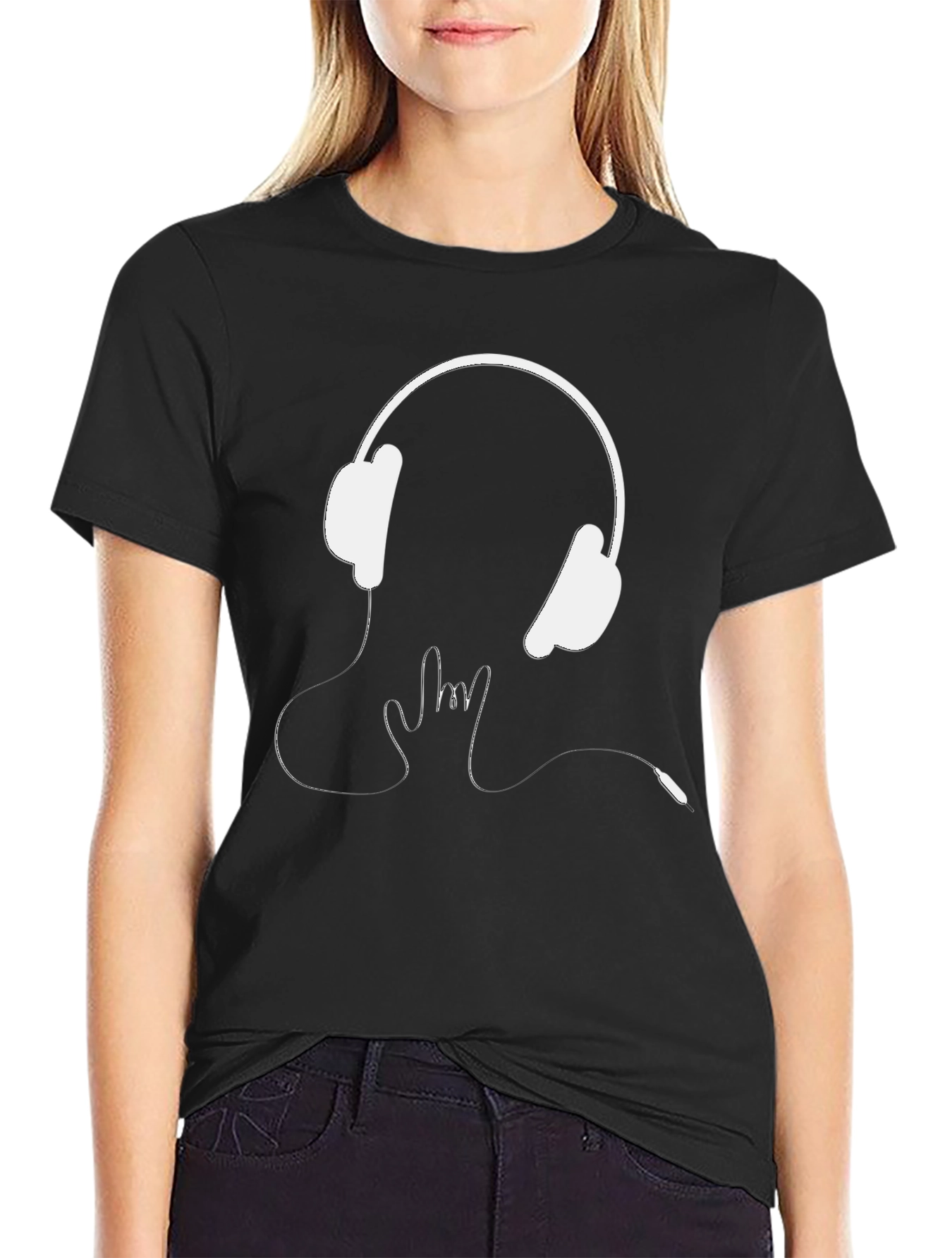 Headphones Rock On Graphic Tee - Black Cotton T-Shirt