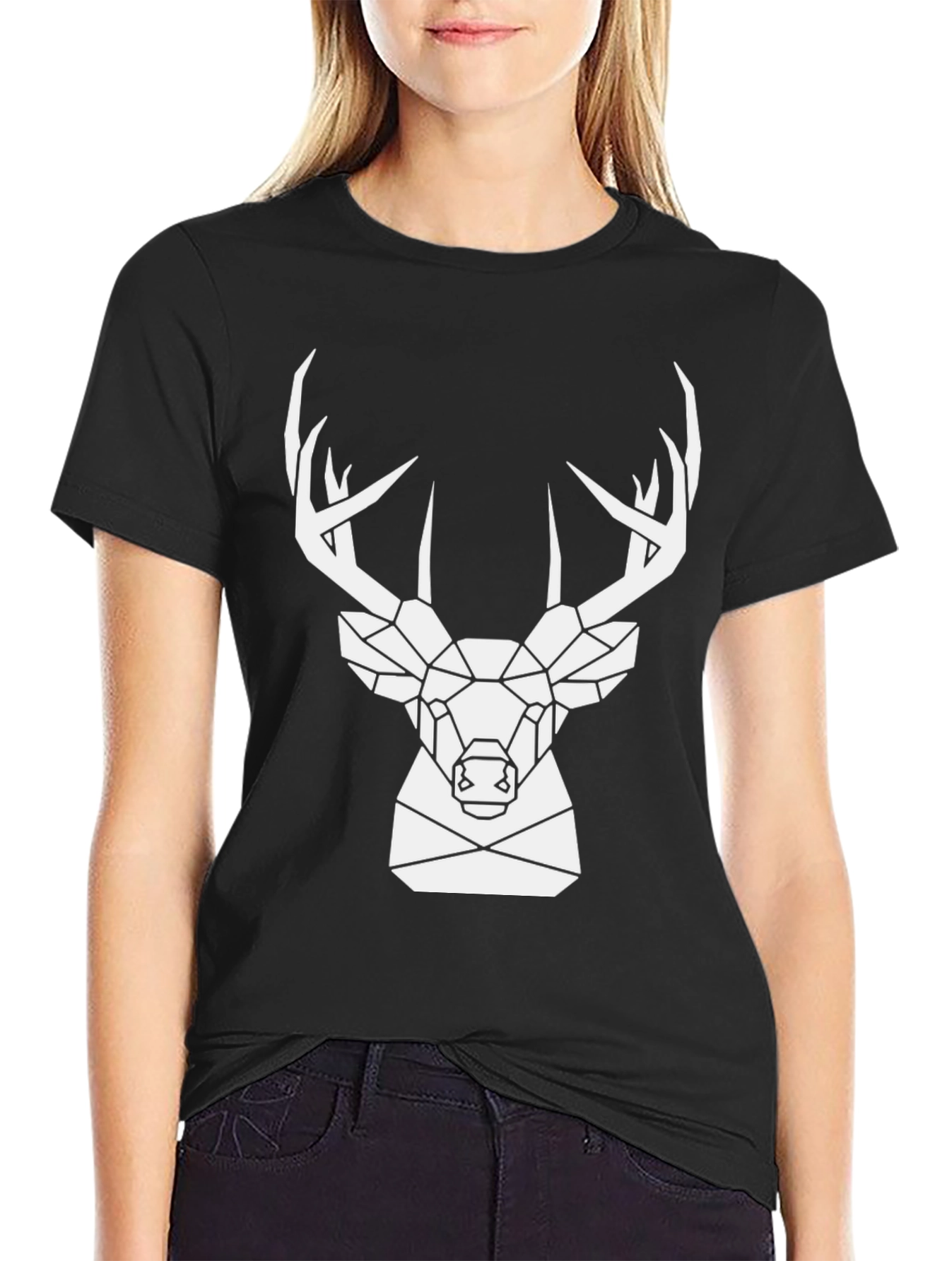 Geometric Deer Graphic Tee - Black