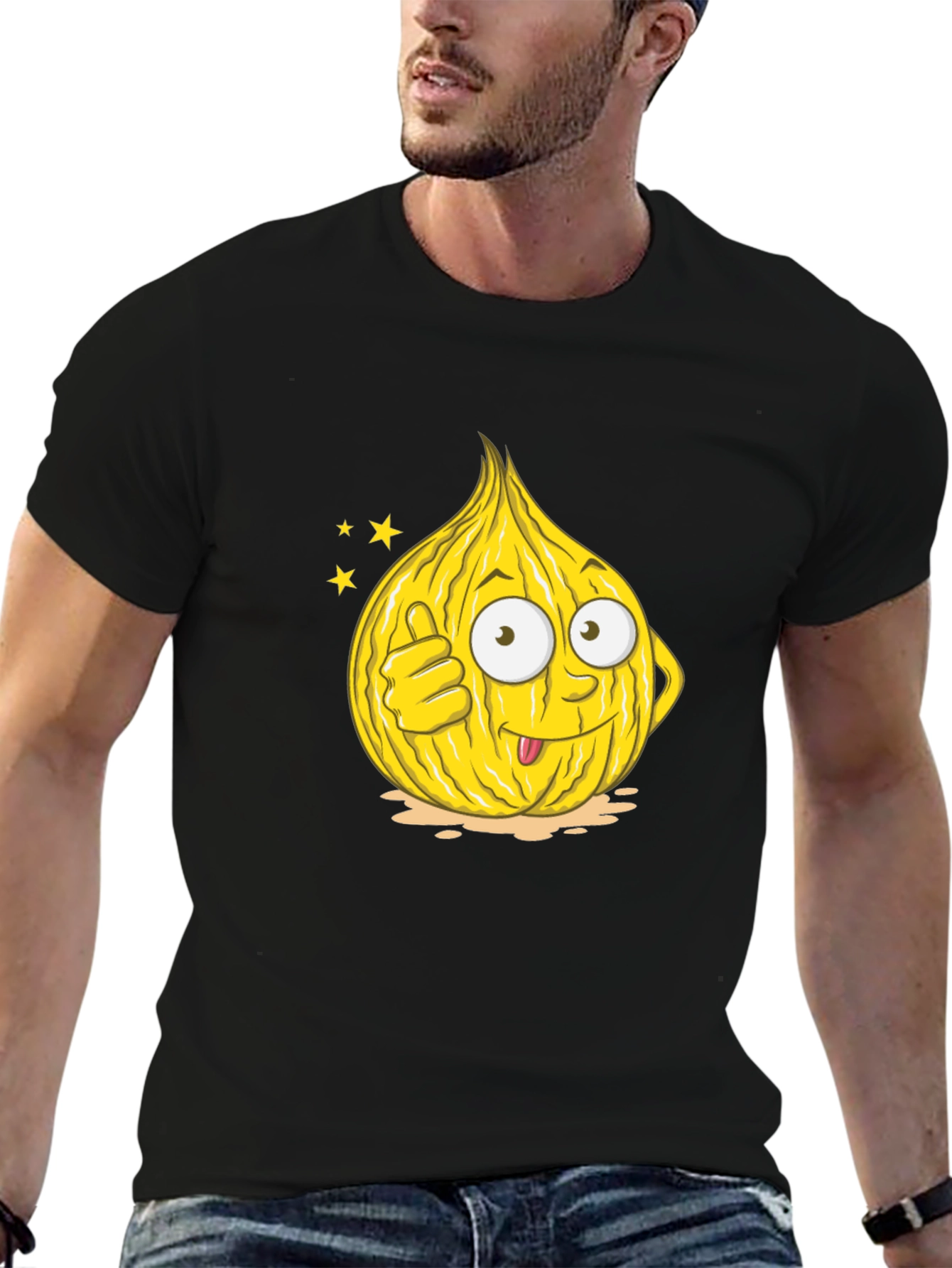 Funny Onion Cartoon Graphic Tee - Black Cotton