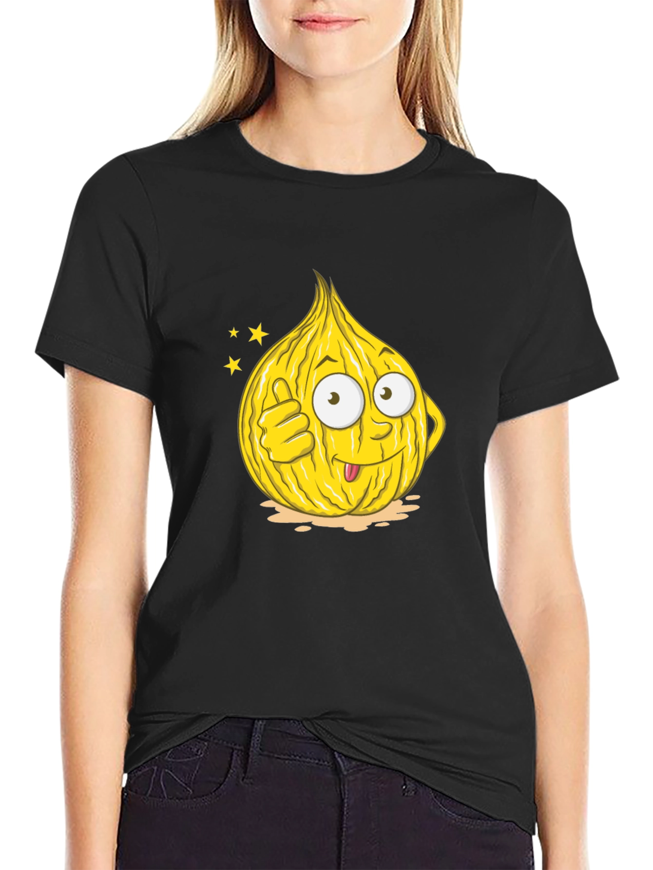Funny Onion Cartoon Graphic Tee - Black Cotton