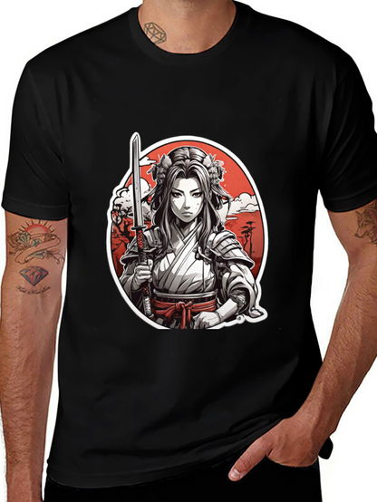 Samurai Girl Graphic Tee - Black Cotton T-Shirt