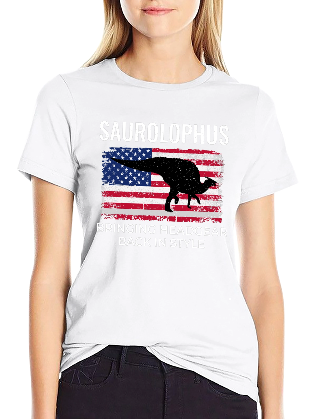 Saurolophus Dinosaur American Flag T-Shirt