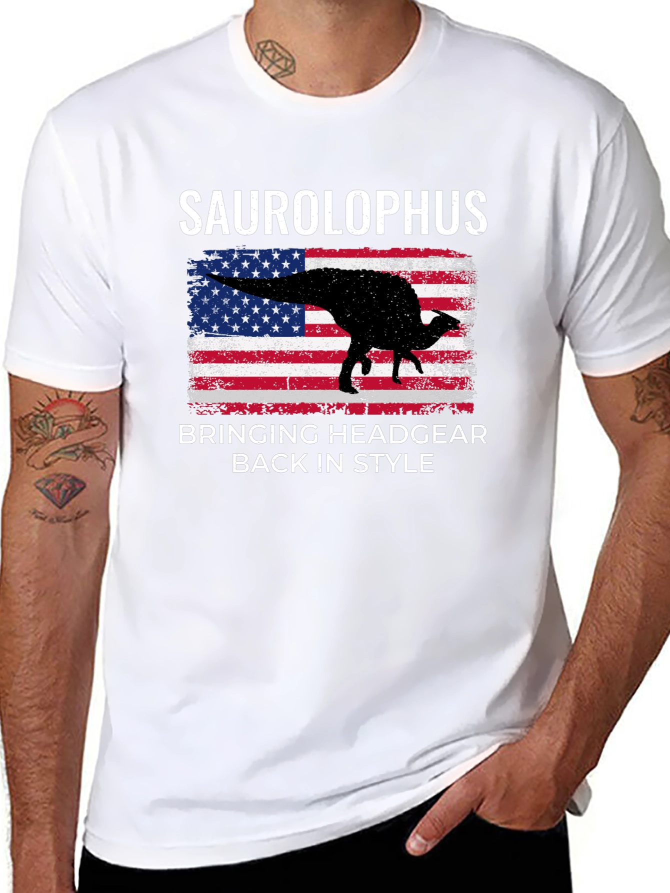 Saurolophus Dinosaur American Flag T-Shirt