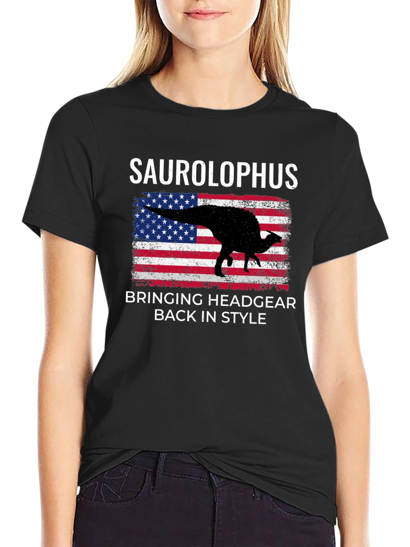 Saurolophus Dinosaur American Flag T-Shirt