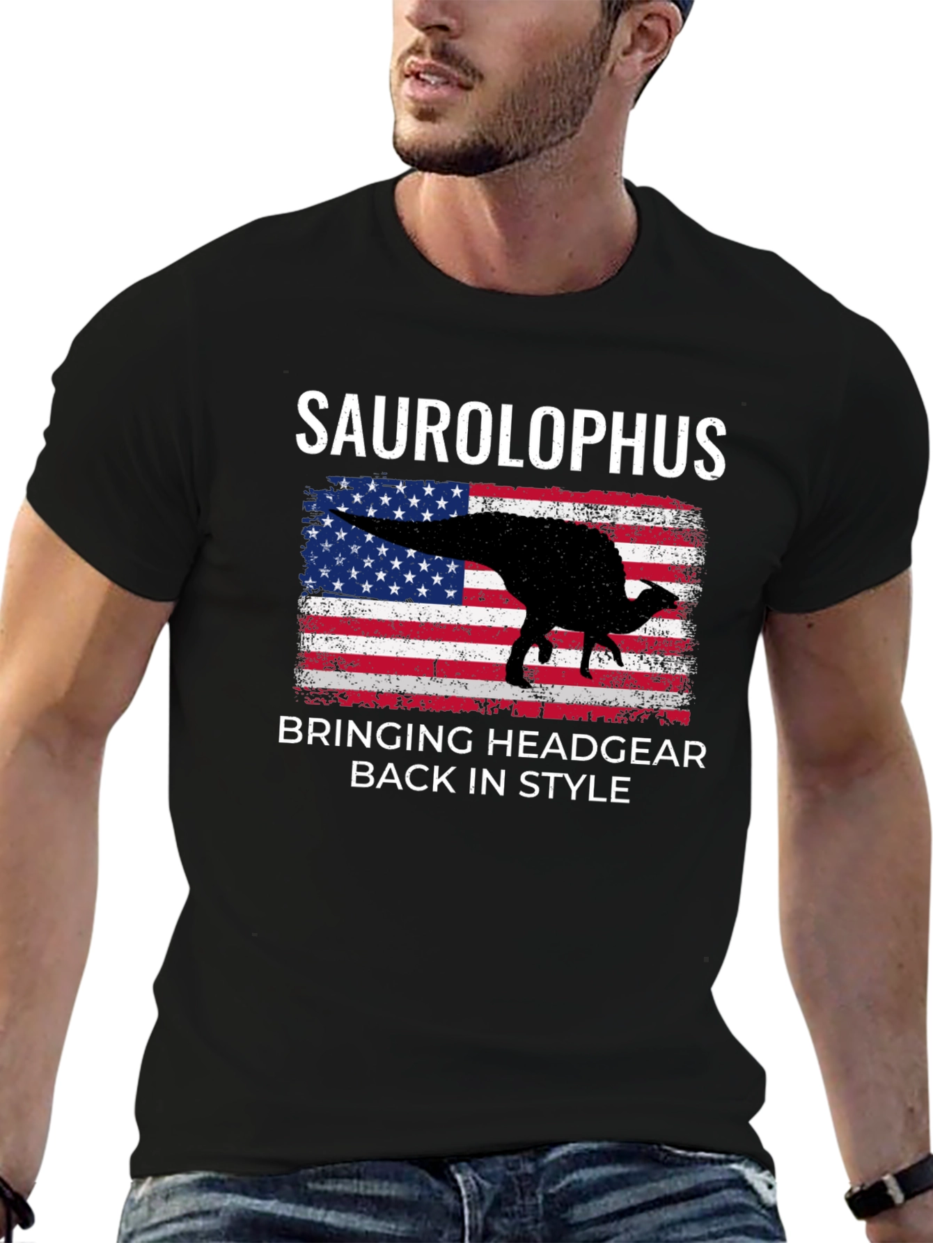 Saurolophus Dinosaur American Flag T-Shirt