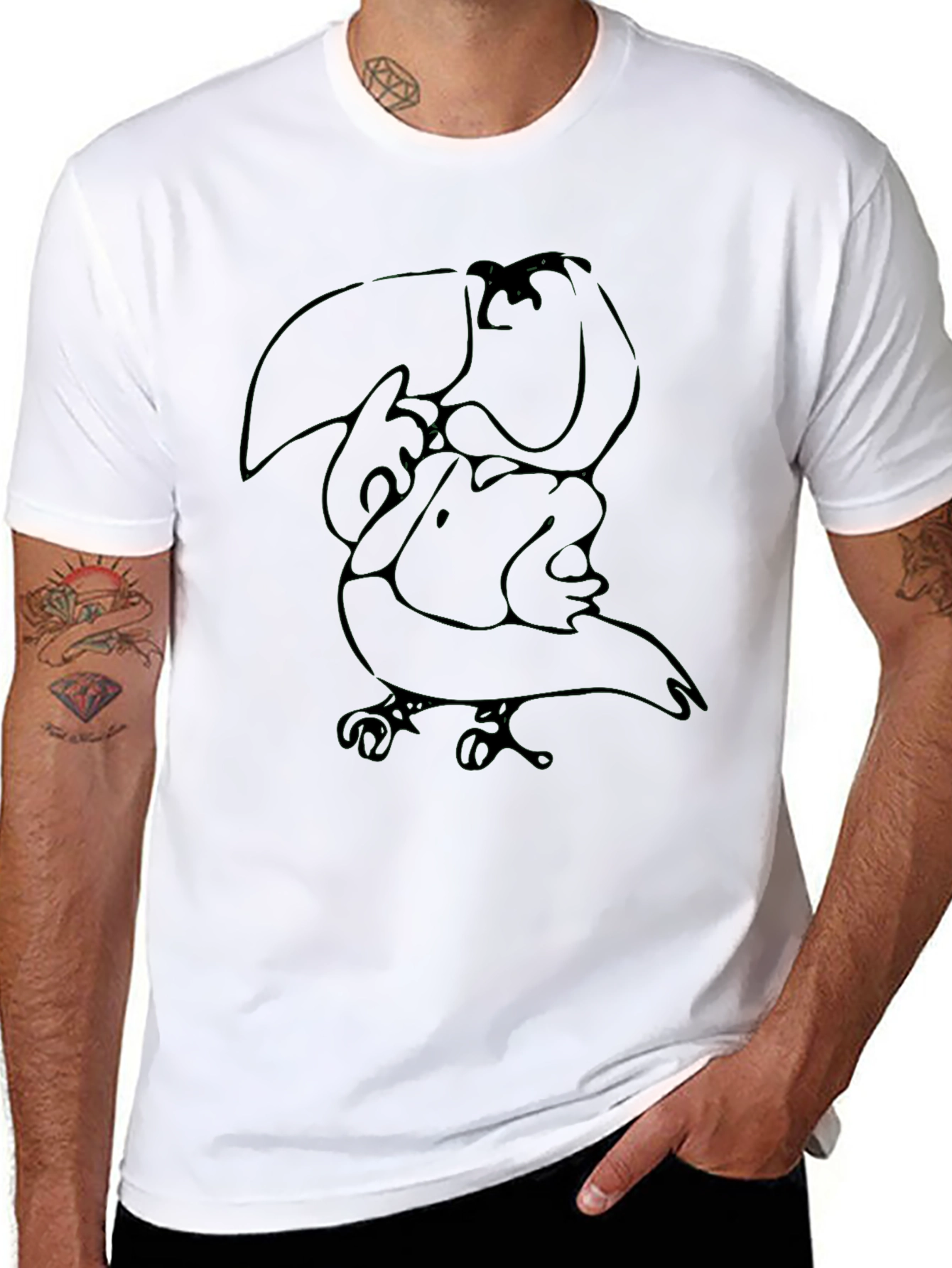 Abstract Toucan Graphic Tee - Black Cotton Casual Shirt