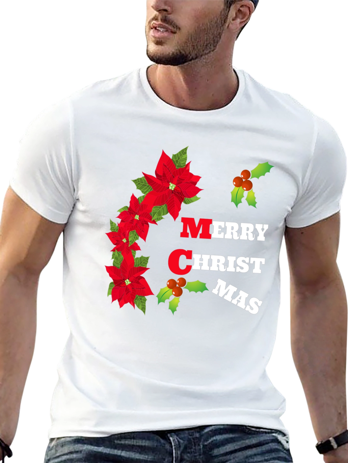 Merry Christmas Poinsettia Graphic T-Shirt
