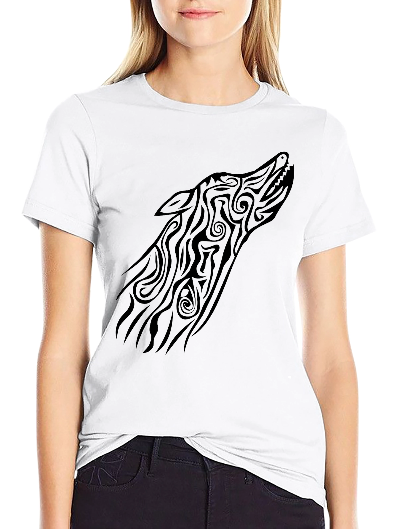 Tribal Wolf Head Graphic Tee - Black