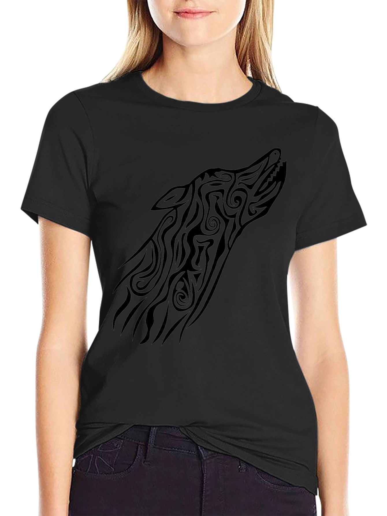 Tribal Wolf Head Graphic Tee - Black
