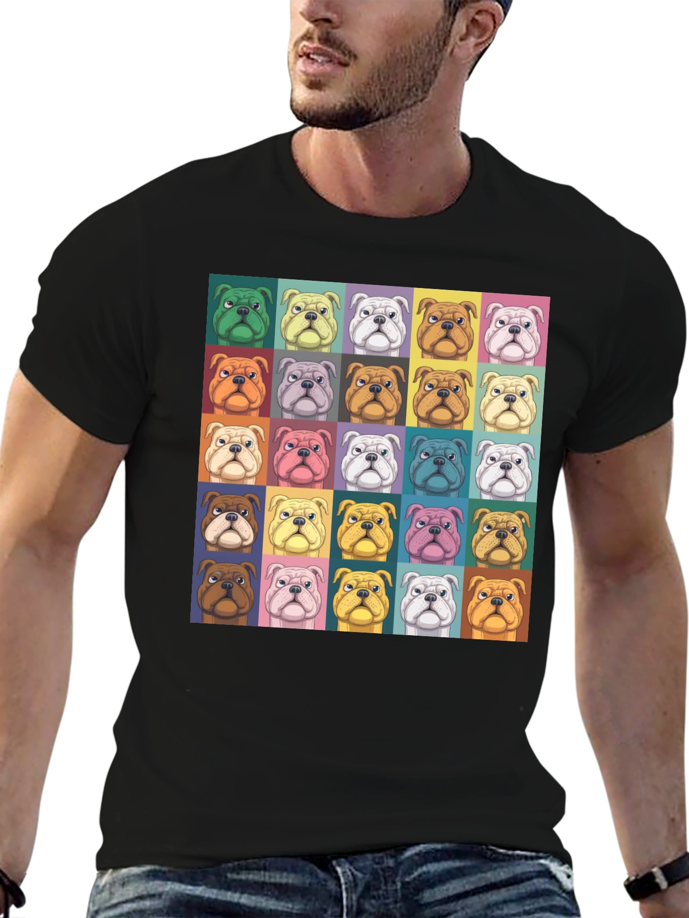 Pop Art Bulldog Print Black T-Shirt
