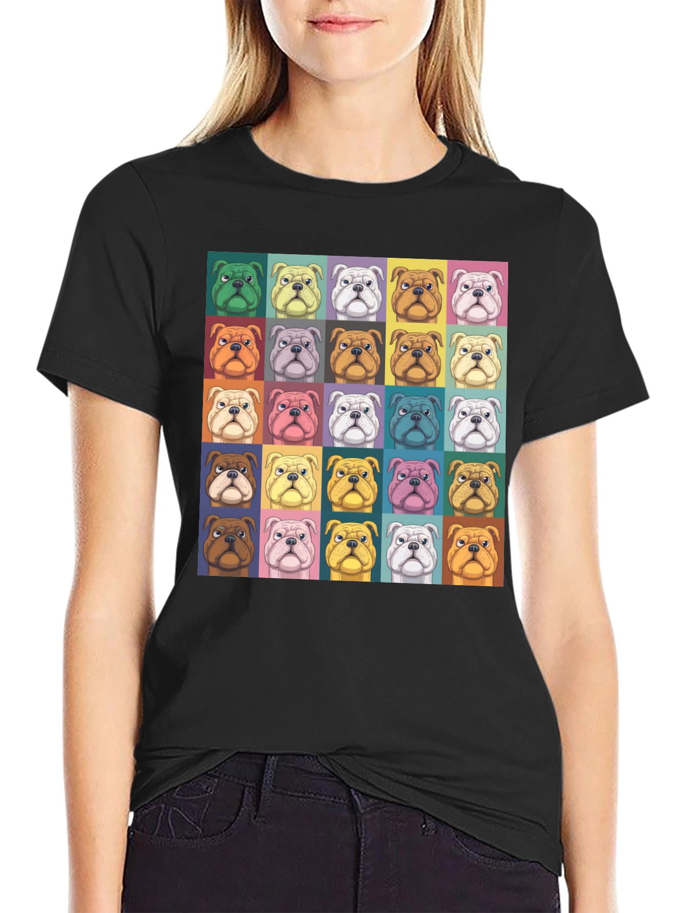 Pop Art Bulldog Print Black T-Shirt