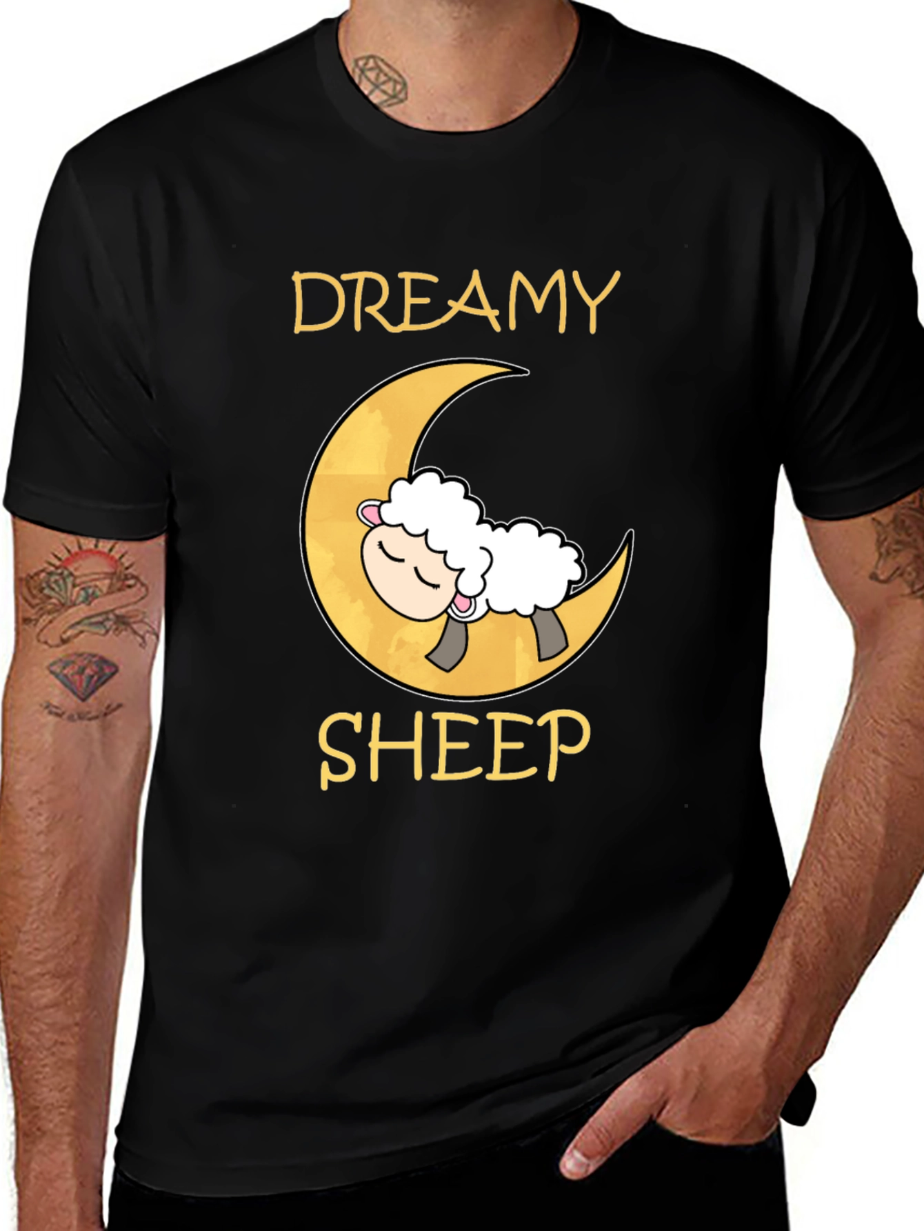 Dreamy Sheep on Moon Black T-Shirt