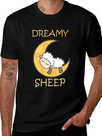 Dreamy Sheep on Moon Black T-Shirt