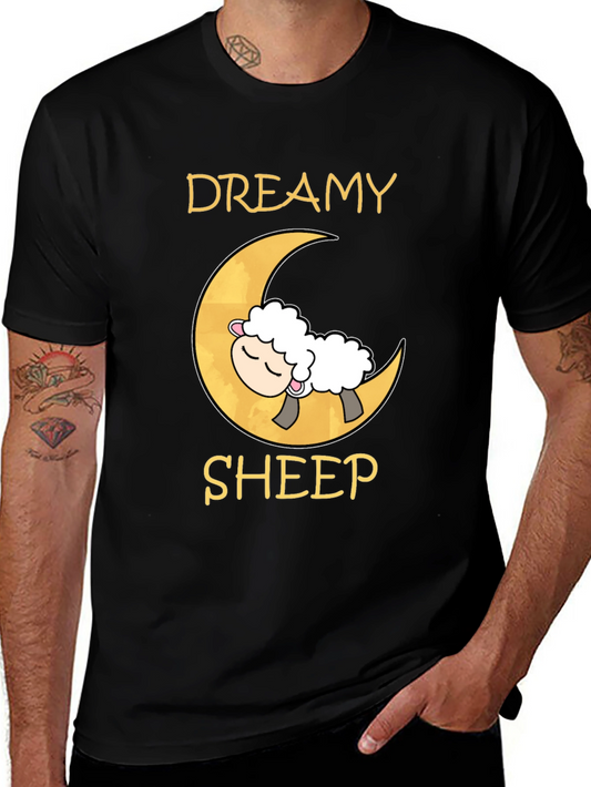 Dreamy Sheep on Moon Black T-Shirt