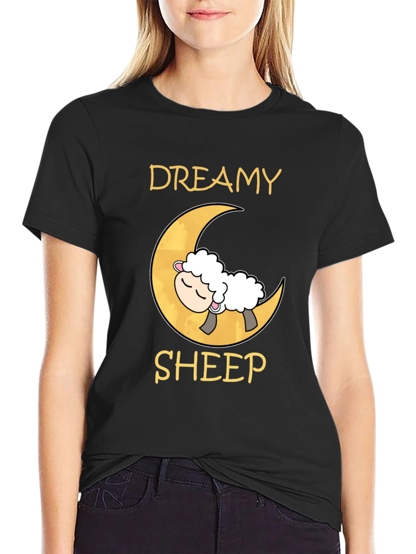 Dreamy Sheep on Moon Black T-Shirt