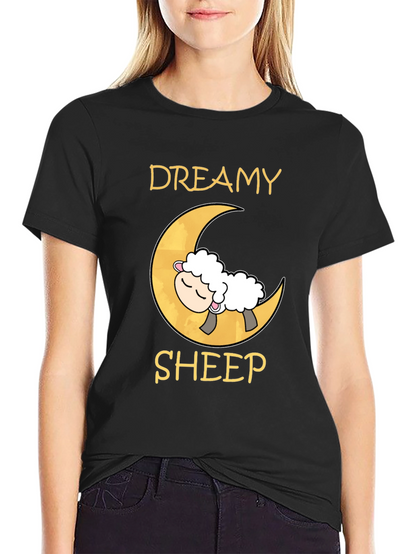 Dreamy Sheep on Moon Black T-Shirt