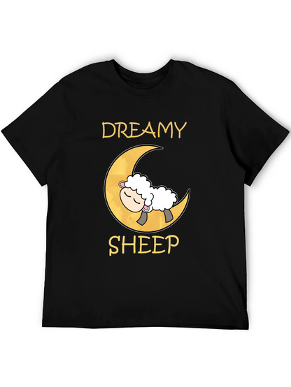 Dreamy Sheep on Moon Black T-Shirt