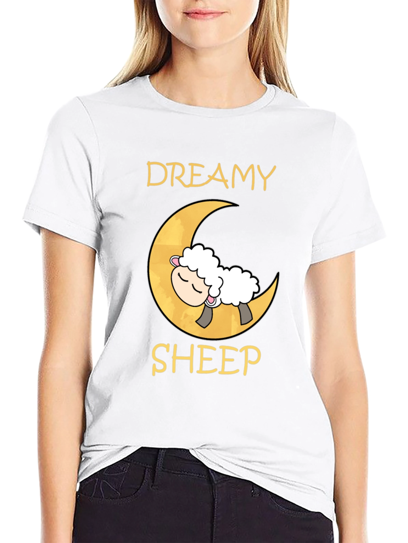 Dreamy Sheep on Moon Black T-Shirt