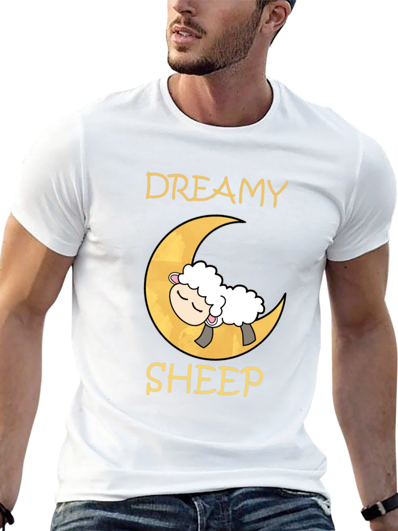 Dreamy Sheep on Moon Black T-Shirt