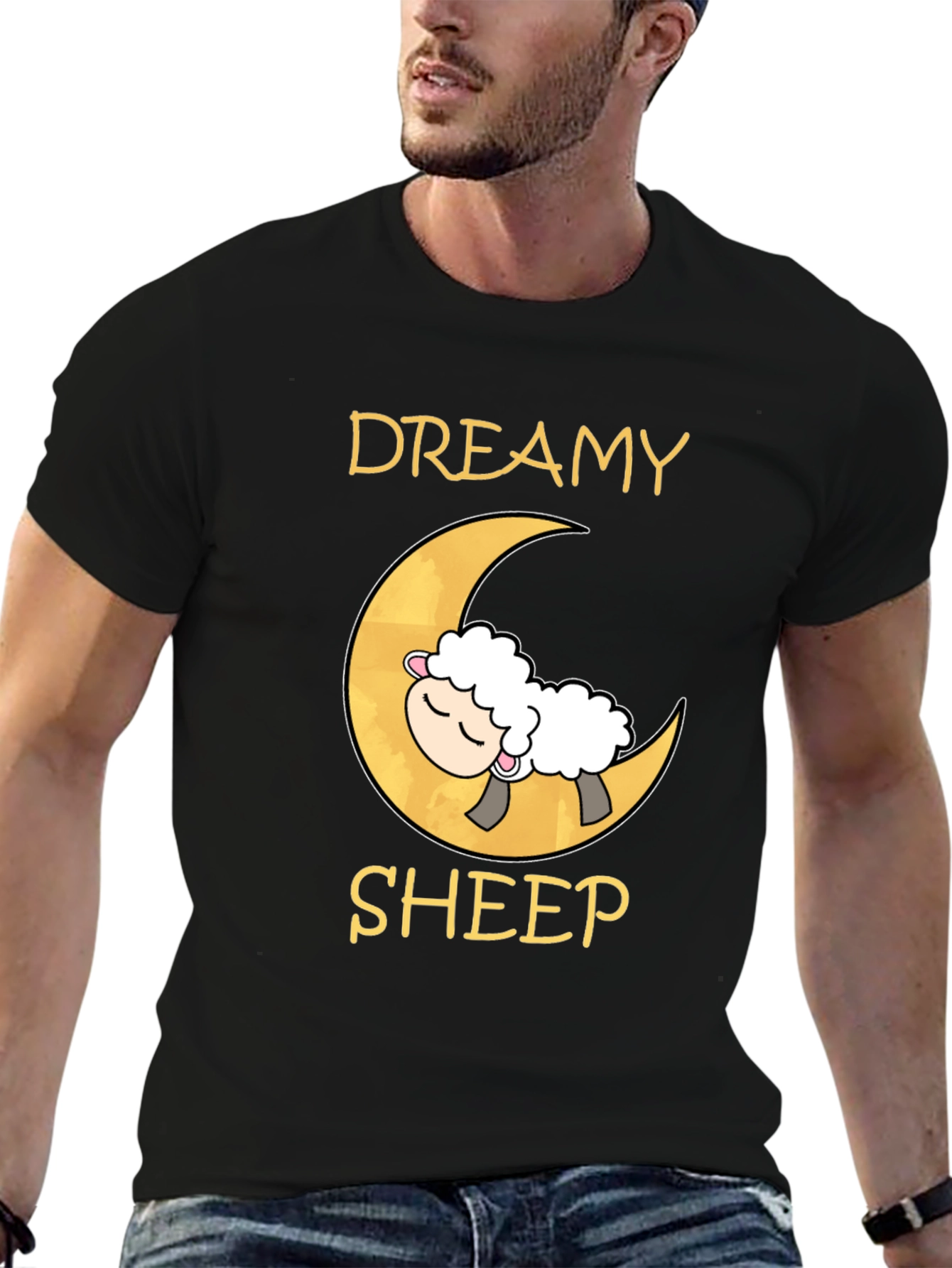 Dreamy Sheep on Moon Black T-Shirt
