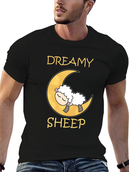 Dreamy Sheep on Moon Black T-Shirt