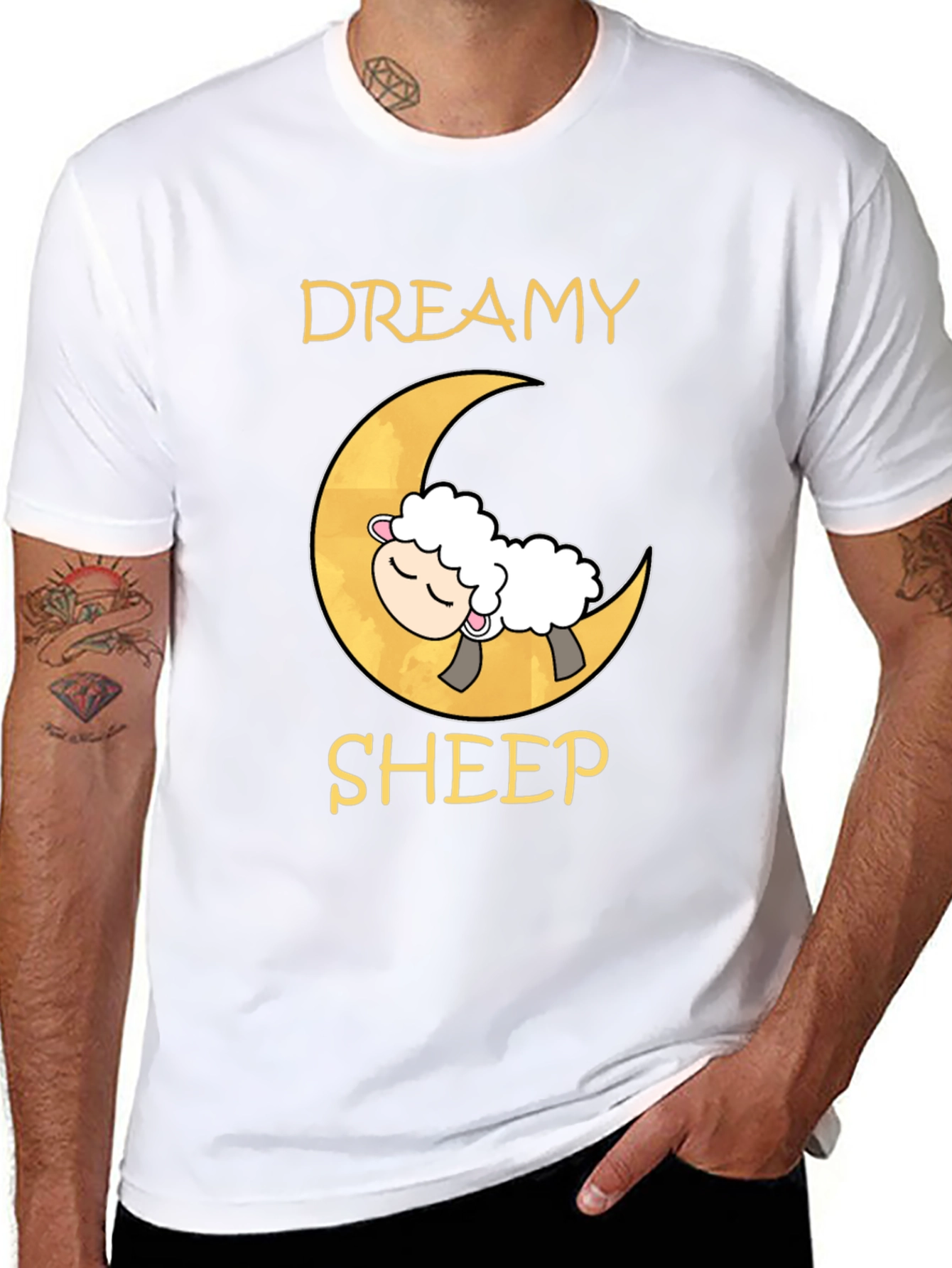 Dreamy Sheep on Moon Black T-Shirt
