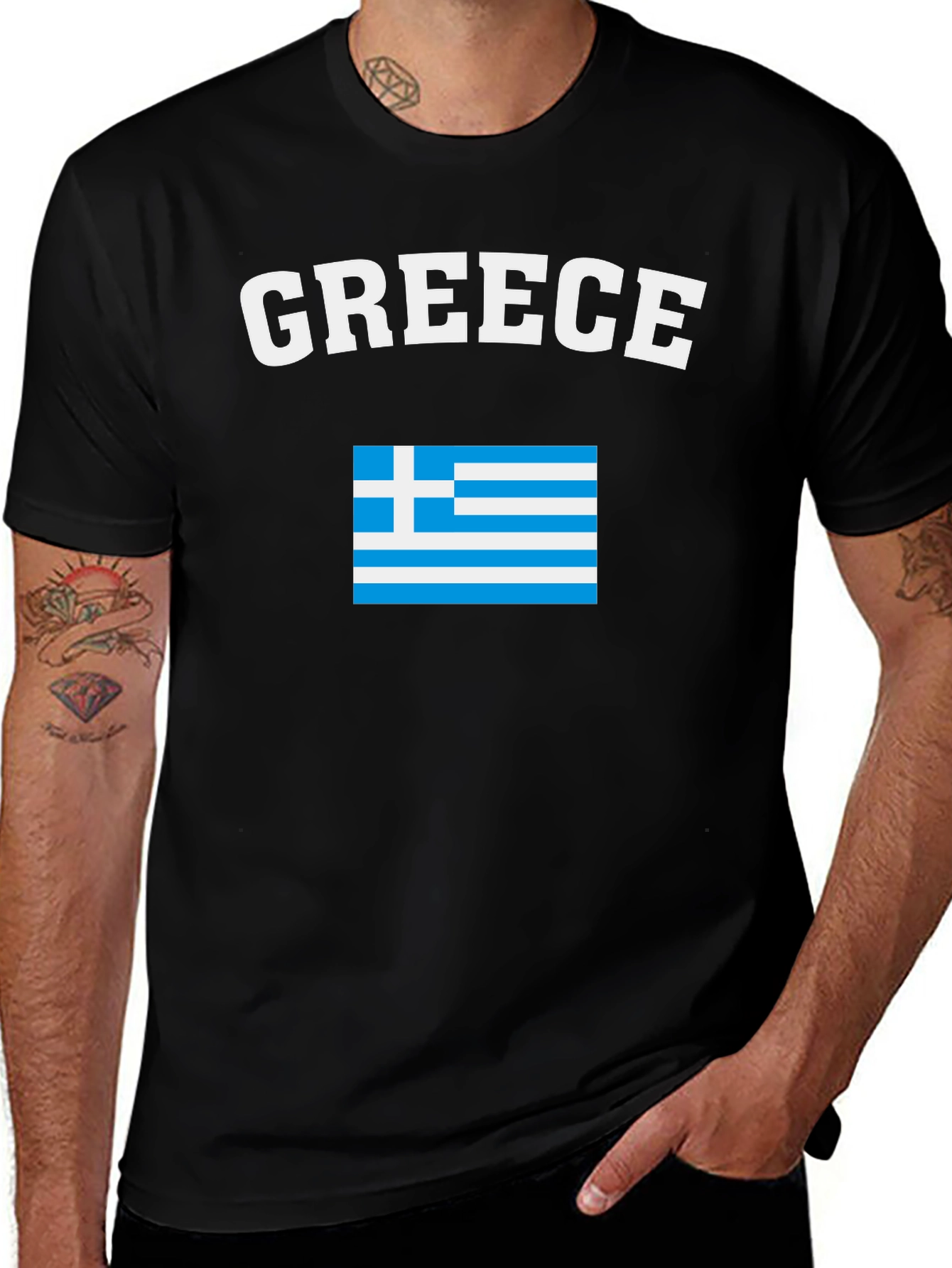 Greece Flag T-Shirt - Black Crew Neck