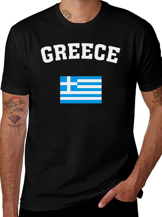 Greece Flag T-Shirt - Black Crew Neck