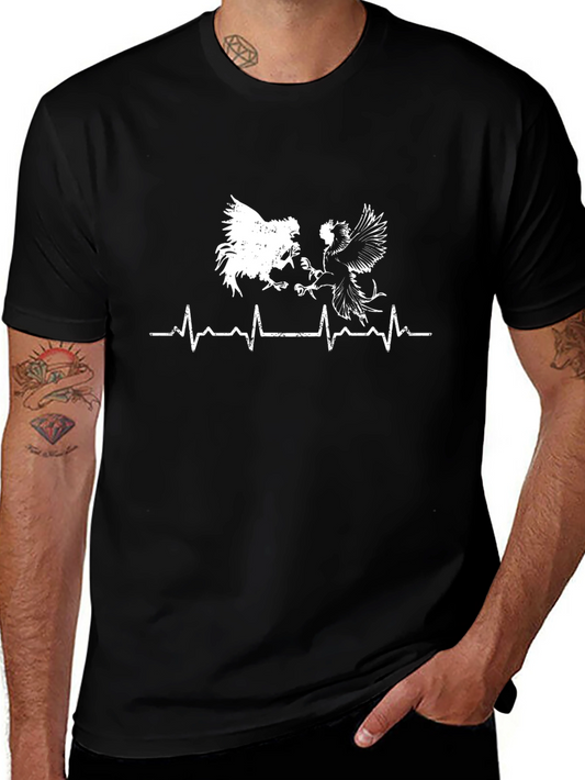Rooster Heartbeat Graphic Tee - Black Cotton T-Shirt