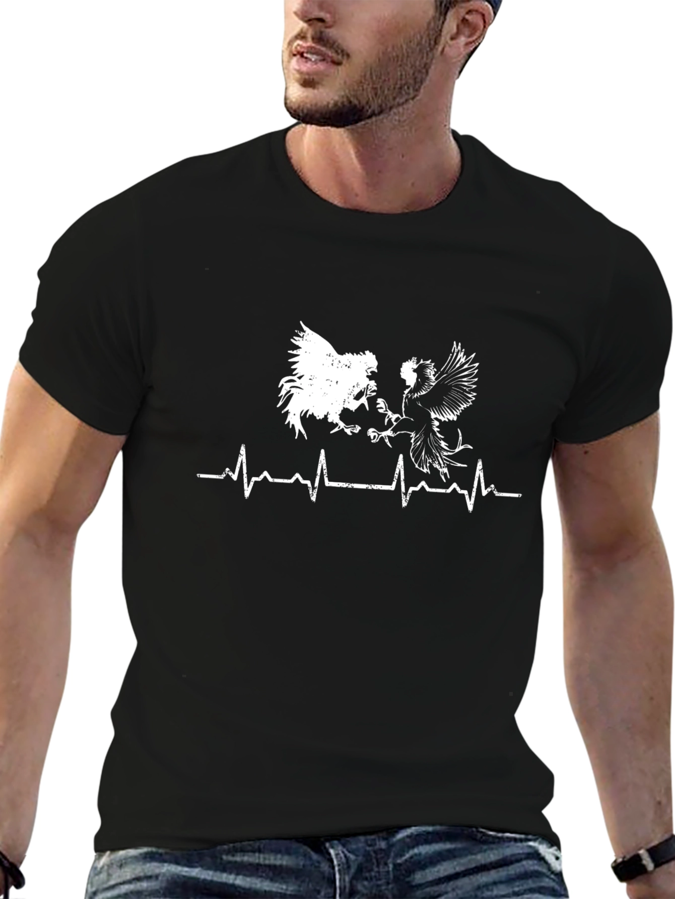 Rooster Heartbeat Graphic Tee - Black Cotton T-Shirt