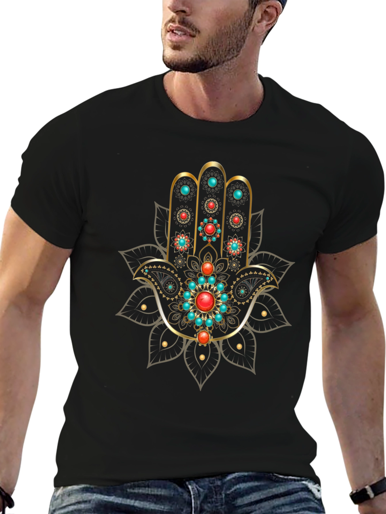 Hamsa Hand Graphic Print Black T-Shirt