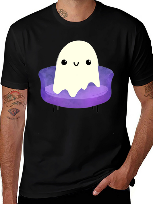 Cute Ghost on Couch Graphic Tee - Black Cotton Comfort