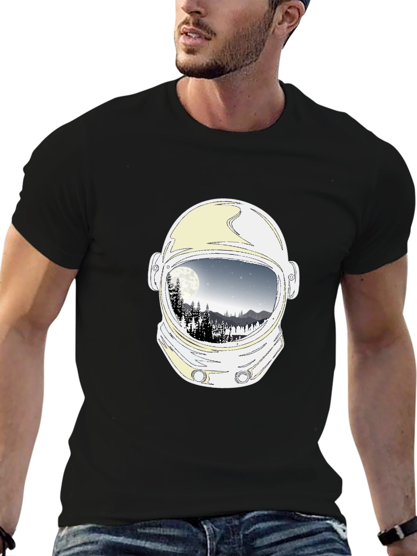 Astronaut Helmet Moon Scene Graphic Tee - Black