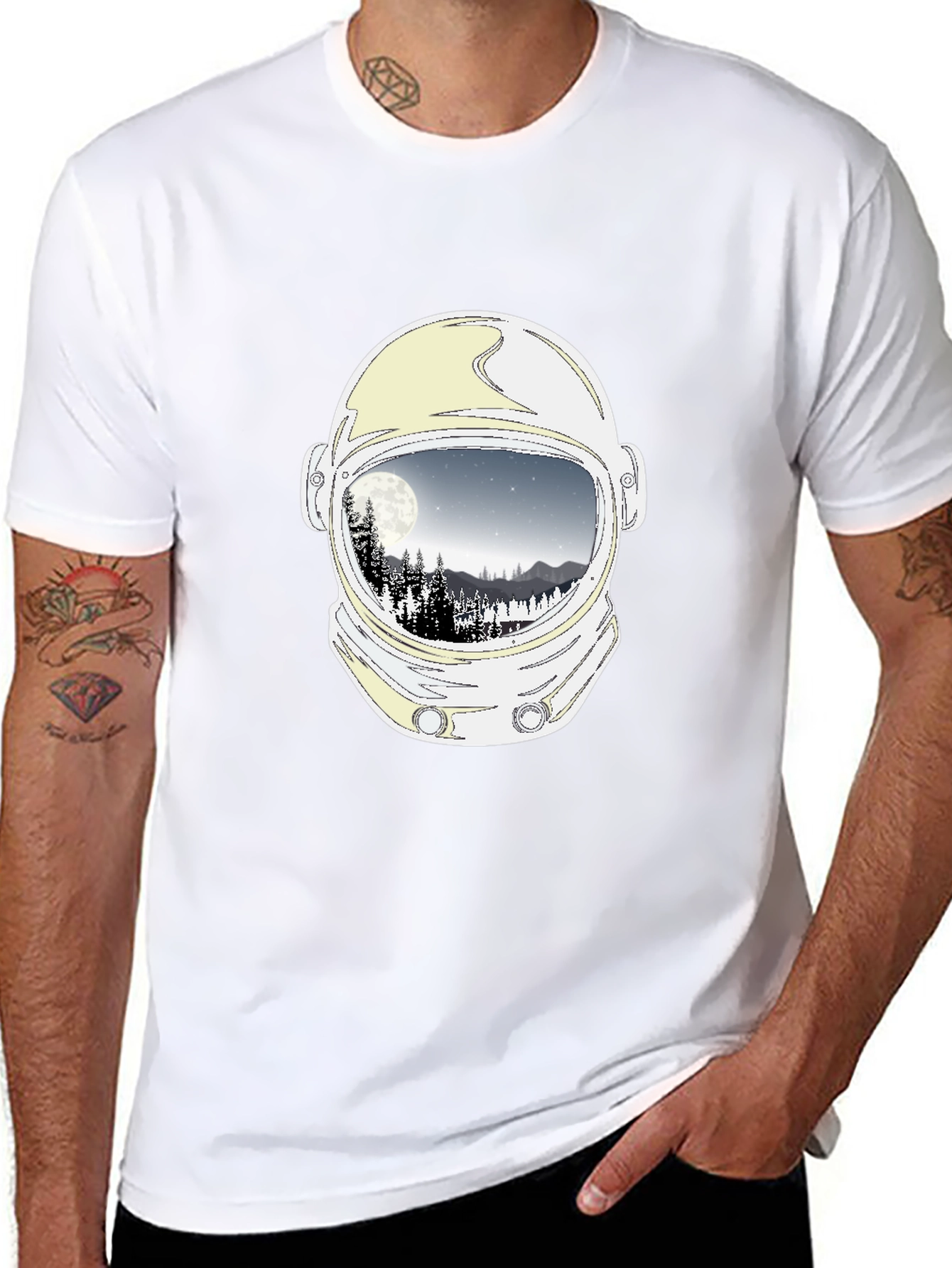 Astronaut Helmet Moon Scene Graphic Tee - Black