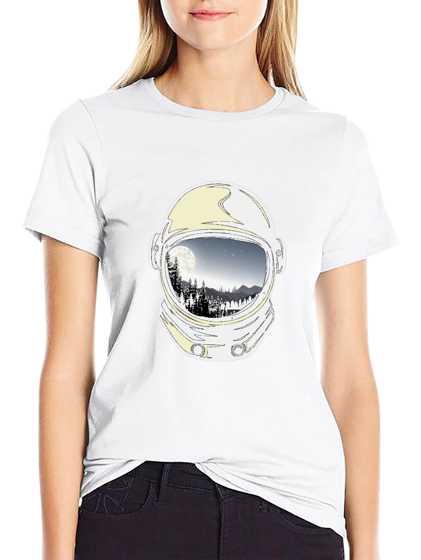 Astronaut Helmet Moon Scene Graphic Tee - Black