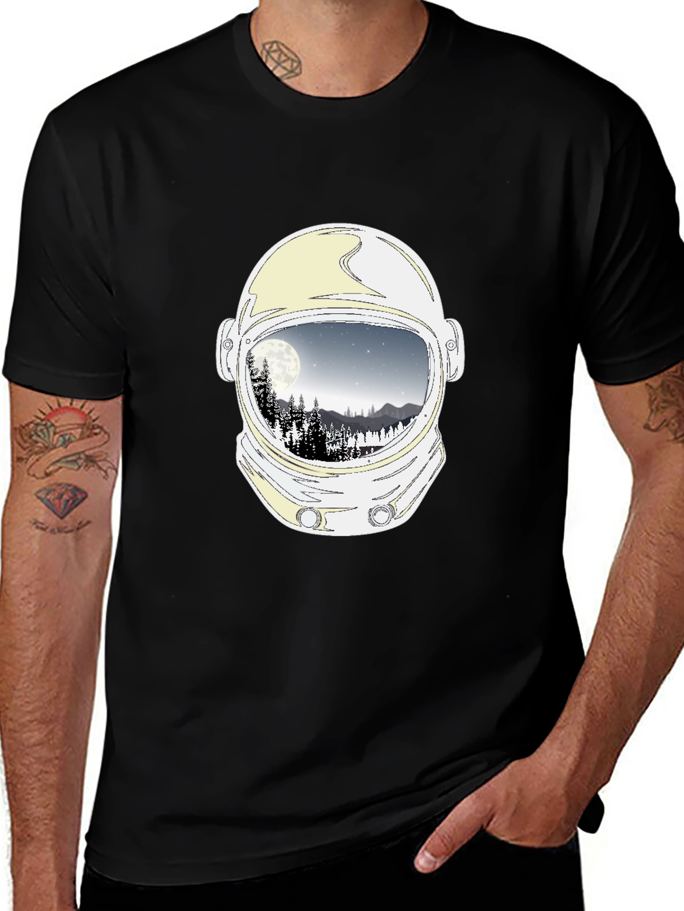 Astronaut Helmet Moon Scene Graphic Tee - Black