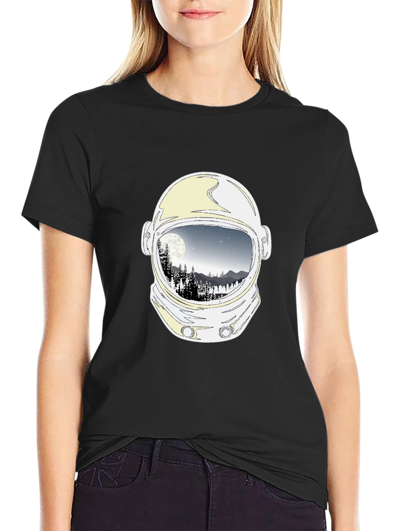 Astronaut Helmet Moon Scene Graphic Tee - Black