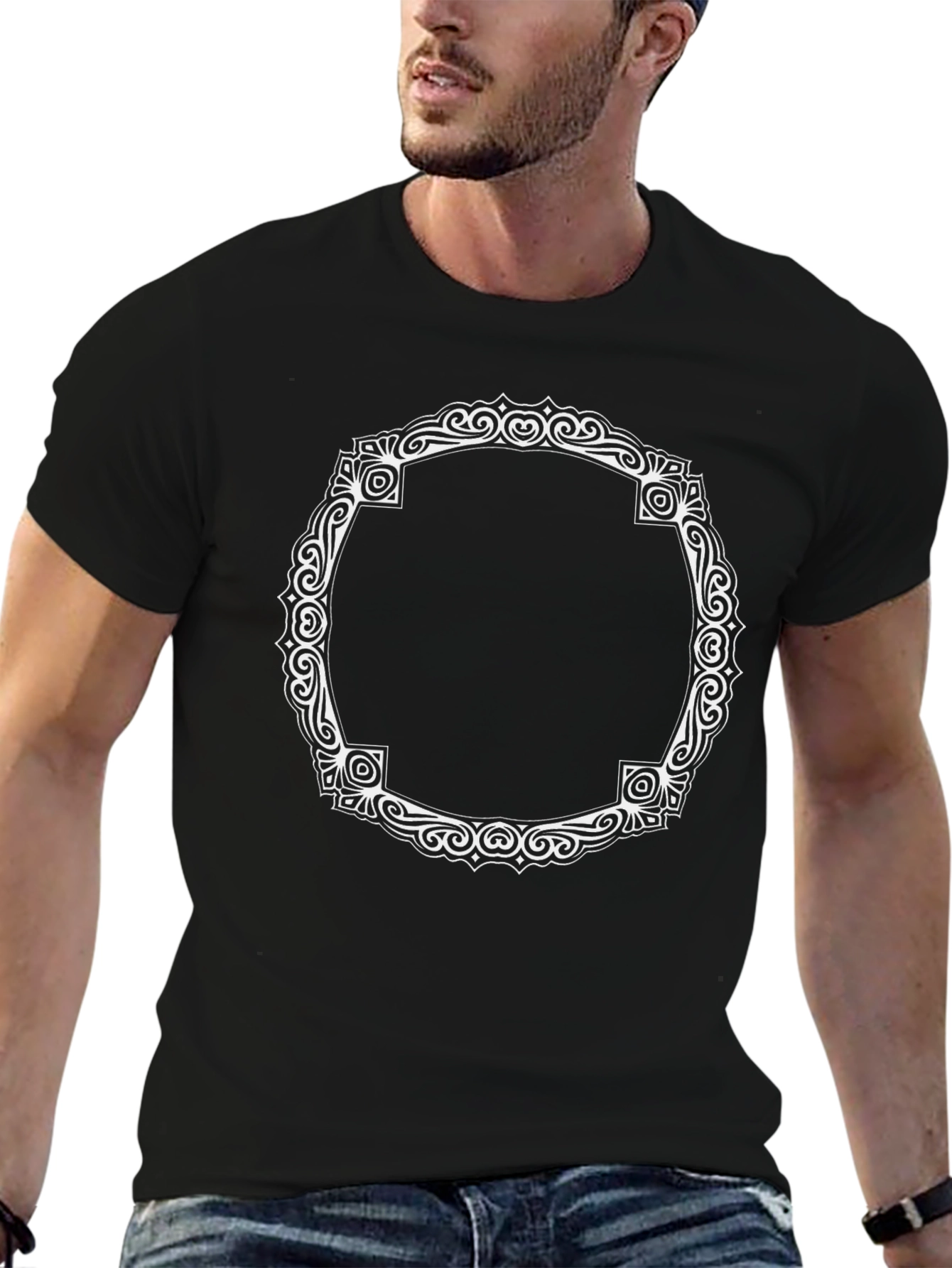 Black T-Shirt with Ornate White Frame Design