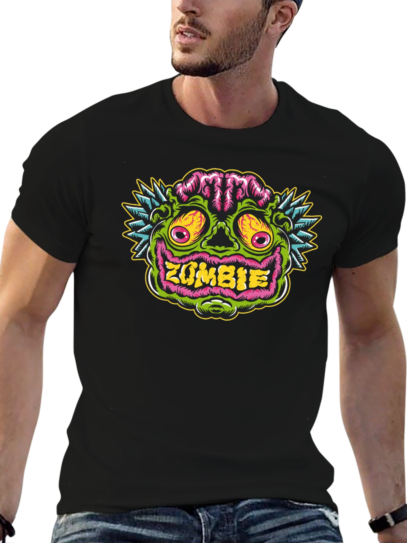 Zombie Face Graphic Tee - Black Cotton T-Shirt