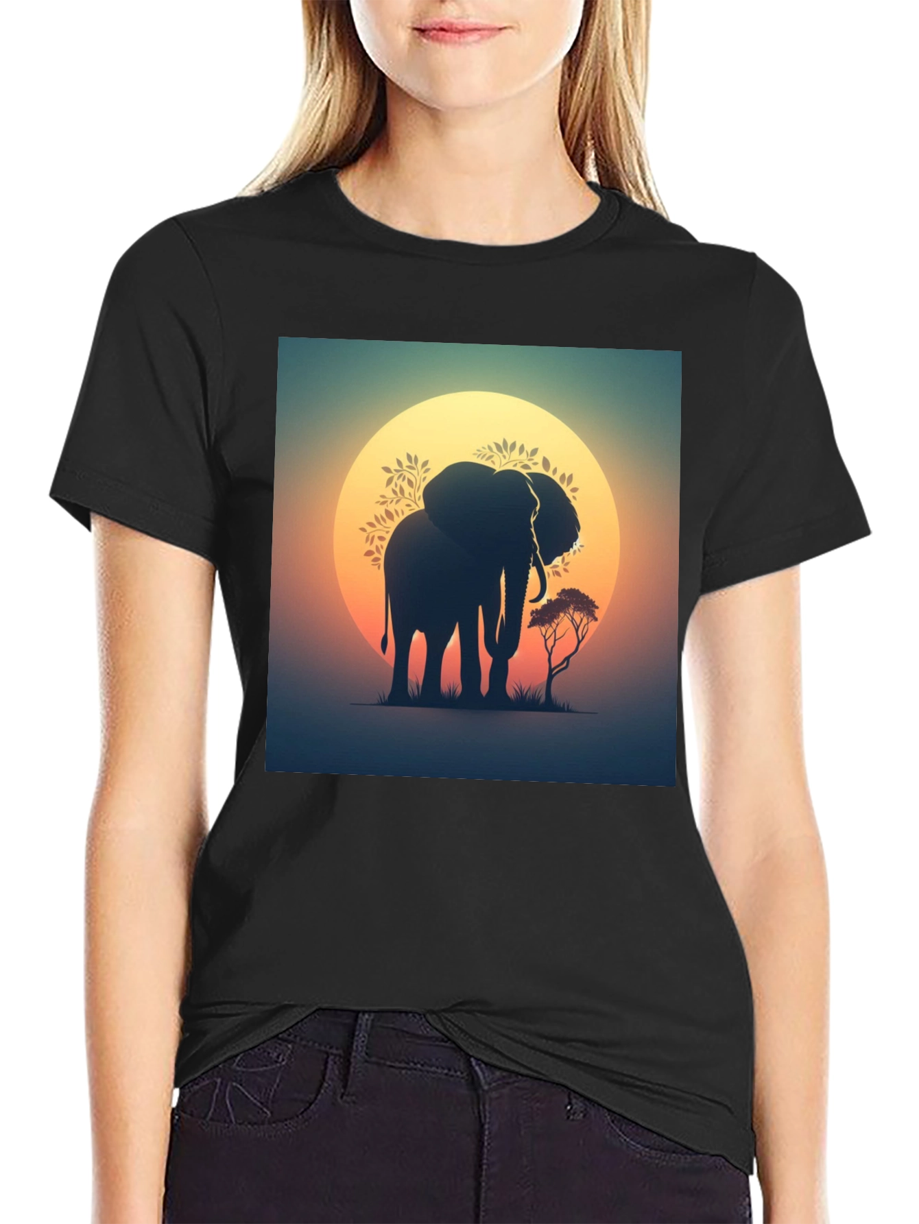 Sunset Elephant Graphic Tee - Black