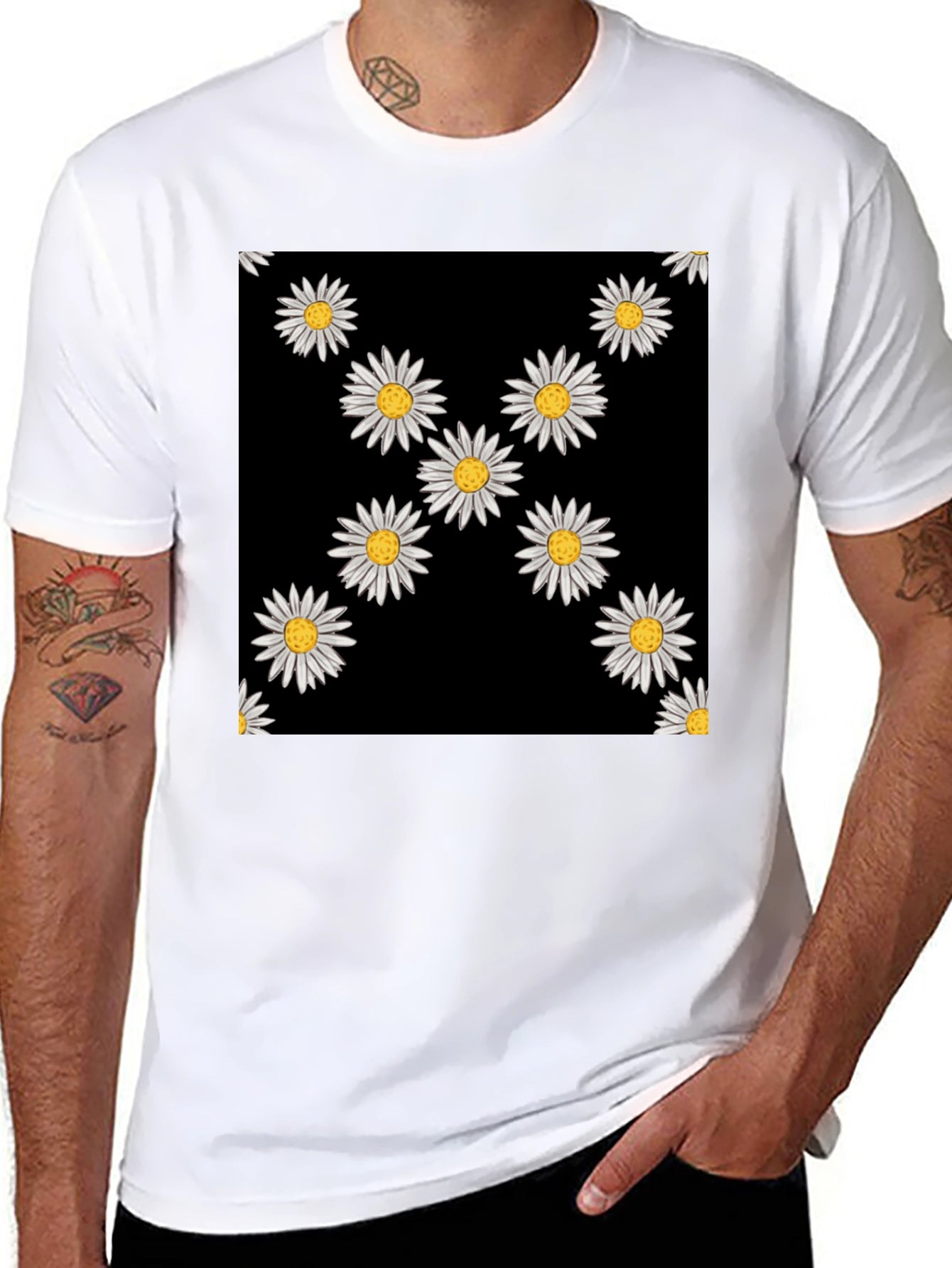 Daisy Pattern Black T-Shirt