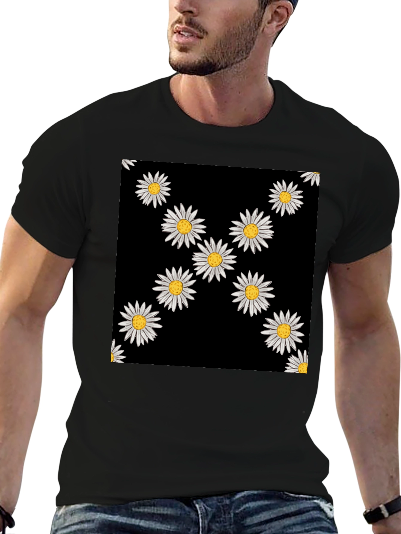 Daisy Pattern Black T-Shirt