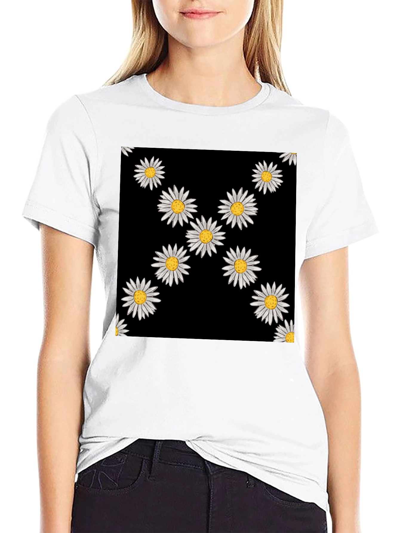 Daisy Pattern Black T-Shirt
