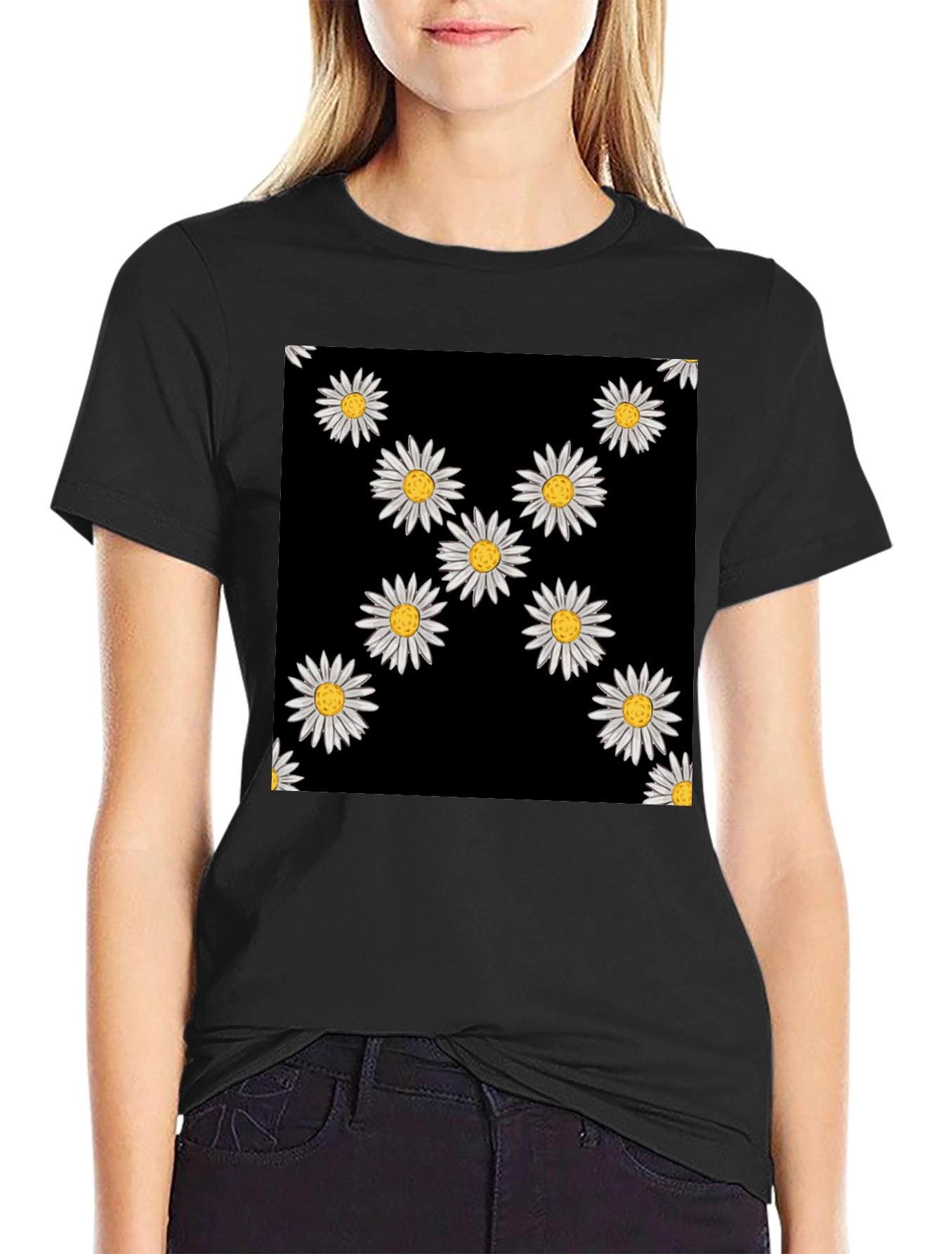 Daisy Pattern Black T-Shirt