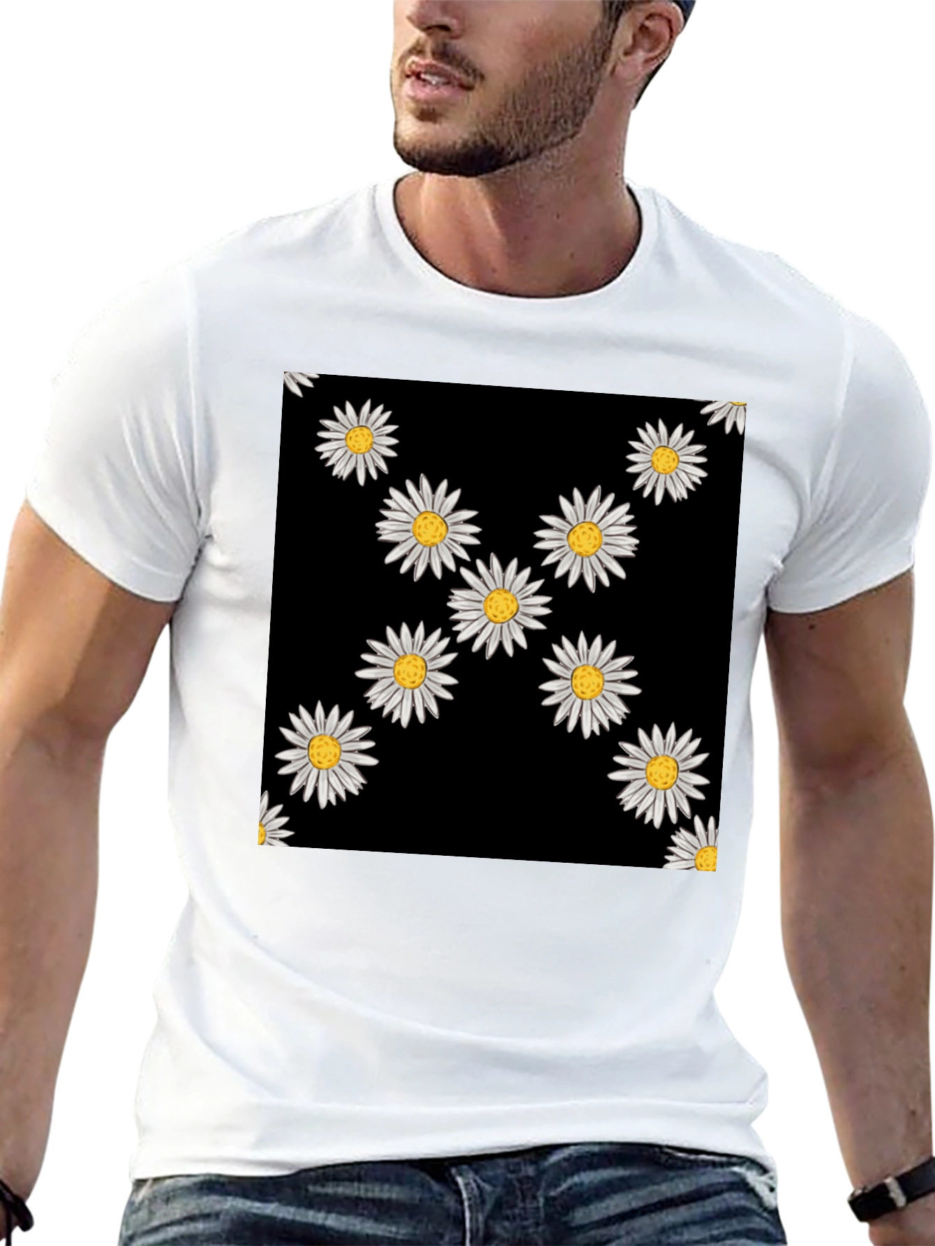 Daisy Pattern Black T-Shirt