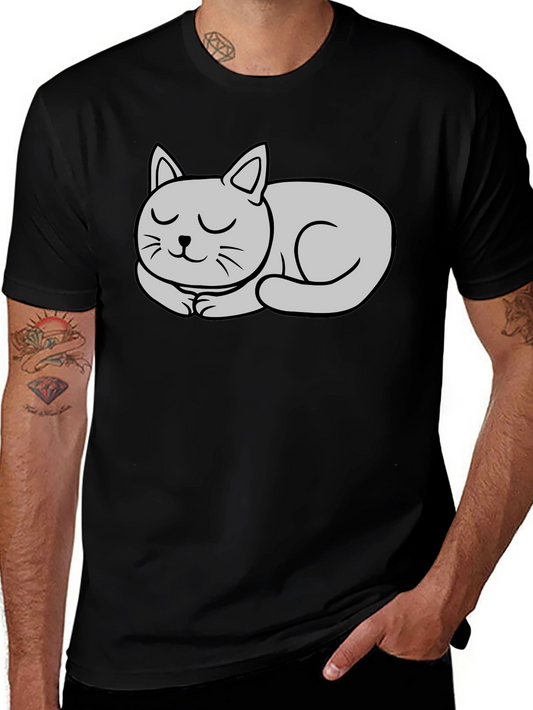 Black T-Shirt with Cute Sleeping Cat Graphic